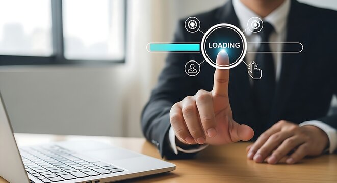 Businessman touching virtual loading bar on screen illustrates digital process for data transfer and interface development.