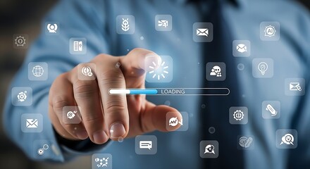 Hand interacts with digital icons and a loading bar, representing technology and data processing on a virtual interface.