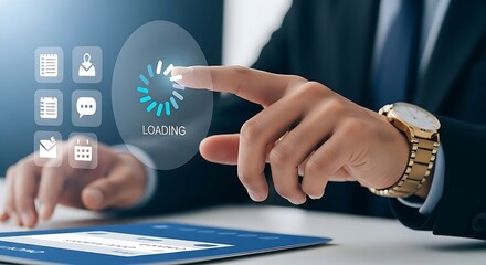 Business professional engages with technology, demonstrating data processing and efficient workflow on a digital interface.