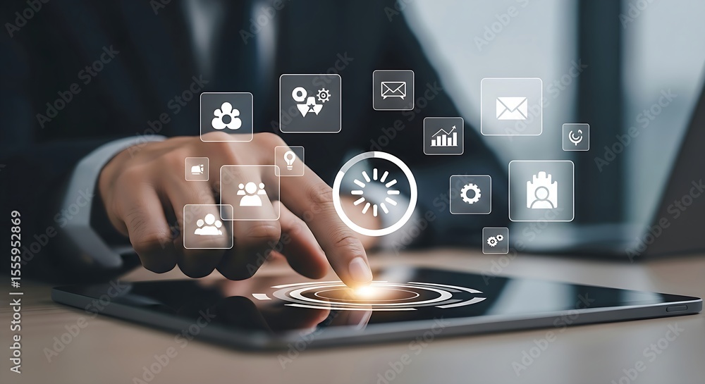 Poster businessman uses a tablet for global network connection and business intelligence with virtual icons