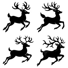 Illustration of four stylized black birds with white markings in various poses on a white background