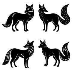 Four stylized black silhouette illustrations of a dog breed standing in various positions on a white background