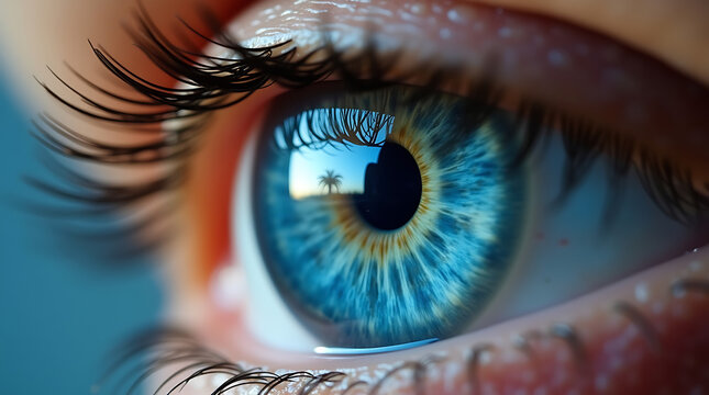 A close-up photograph of a human eye with striking blue iris, showing intricate details and reflections