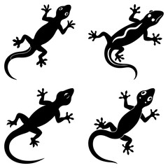 Silhouette illustration featuring four lizards in various poses against a white background design element