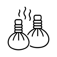 Outline icon of two herbal compress balls with steam lines. Linear vector illustration. Spa therapy and aromatherapy concept. Design for sticker, banner, print, card, poster, invitation. Flat icon