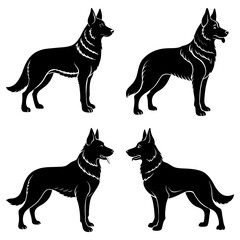 Four black silhouettes of german shepherd dogs in various poses standing on a white background vector art