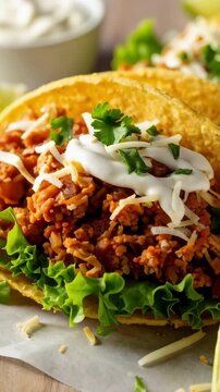 Authentic tacos with seasoned filling, shredded cheese, sour cream, lettuce and parsley garnish on a rustic wooden table setting.