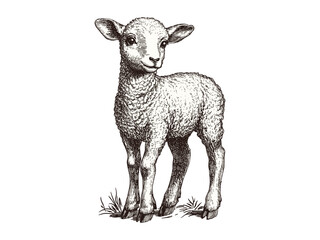 Easter lamb engraving, vintage hand-drawn black line style, springtime religious animal, retro holiday motif, old engraving style, seasonal illustration, classic Easter art, sacred symbol