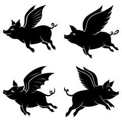 Four black silhouette flying pigs with different wings on a white background illustration image