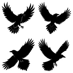 Obraz premium Four black raven silhouettes in dynamic flight positions against a white background image art