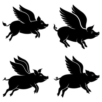 Four black silhouettes of flying pigs with wings on a white background in a vector illustration