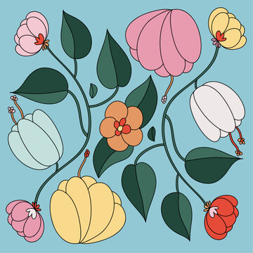 Colorful Floral Geometric Flower Bouquets Pattern With Tulips, Steam and Leaves