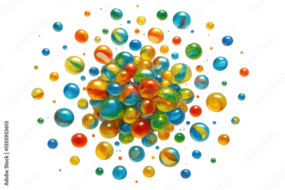 Poster group of colorful toy marbles exploding on a transparent background, perfect for playful and creativ