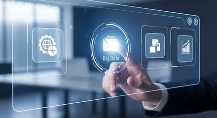 Hand interacts with digital touch screen, navigating big data, networking and data analytics in a modern technology interface.