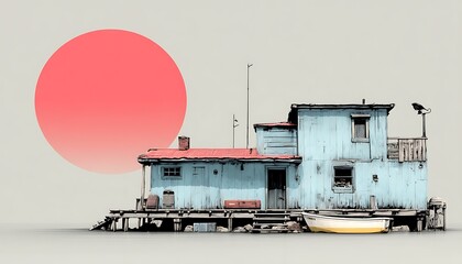 Serene Coastal Dwelling Bathed in the Gentle Glow of a Setting Sun Over Calm Waters