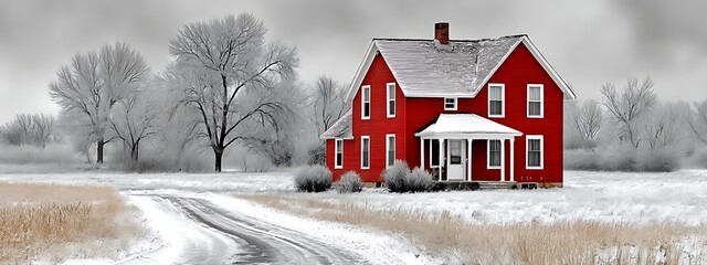 A picturesque red farmhouse stands in a snow covered landscape with bare trees and a dirt road leading to it