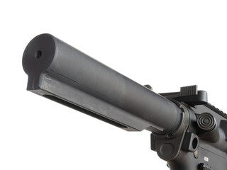Angled view of an assault rifle buffer tube without a stock on