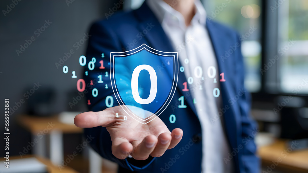 Aufkleber security shield concept with digital binary code in a man's hand represents protection, cyber defens
