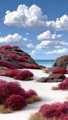 Vibrant coastal landscape with pink foliage on rocky shores under a blue sky with fluffy clouds