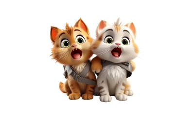 Fototapeta premium Two adorable cartoon kittens with surprised expressions, wearing harnesses. background removed
