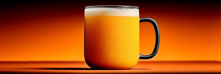 A refreshing beverage with a frothy head sits in a glass mug against a warm orange gradient background