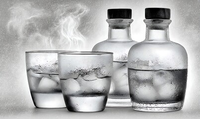 Crystal Clear Spirit Beverages and Glasses With Ice and Steam In a Black and White Studio Shot