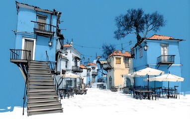 Charming European Village Street Scene with Outdoor Cafes and Blue Buildings