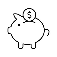 Outline icon of piggy bank with coin and dollar sign. Black linear vector illustration. Savings and finance concept. Design for banner, sticker, print, poster, card, invitation. Flat icon view