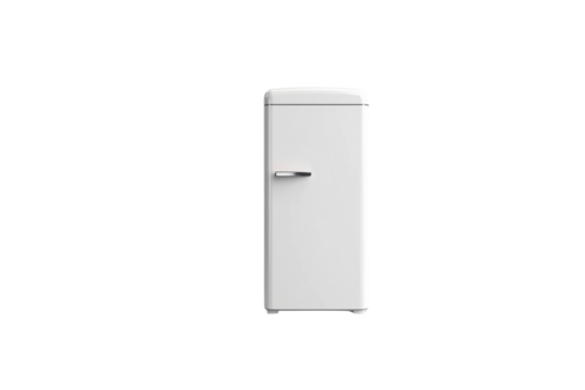 A standalone white refrigerator with a minimalist design, isolated on a transparent background. background removed
