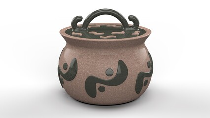 Brown Stoneware Soup Bowl. Dark Green Lid. Isolated. White background. 3d render