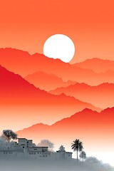 Serene mountain landscape at sunrise with a village nestled below