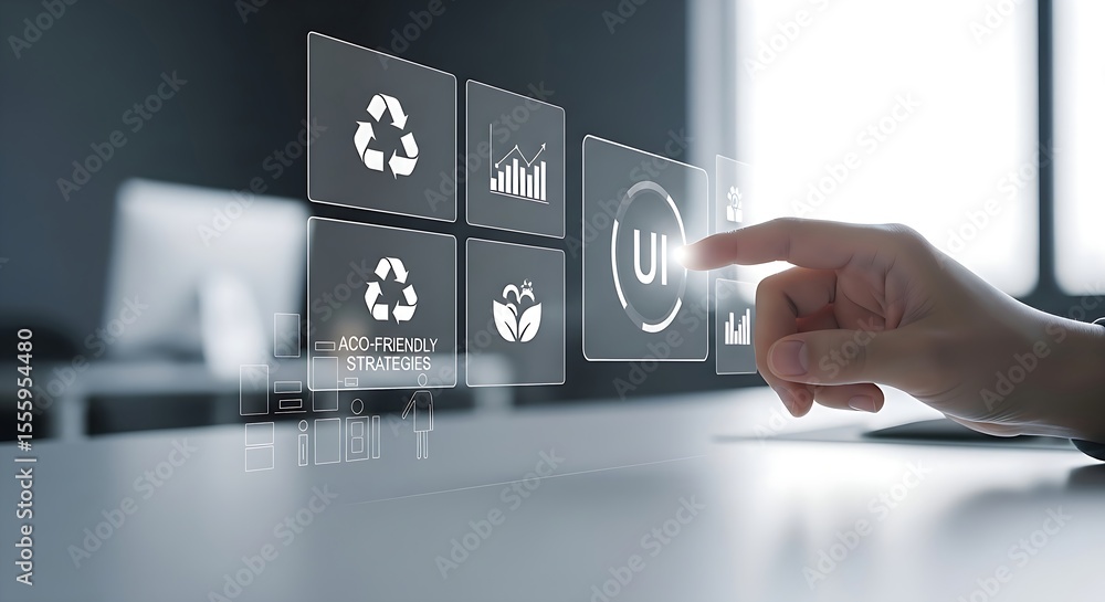 Poster finger touches ui interface on virtual screen displaying digital transformation and eco friendly str