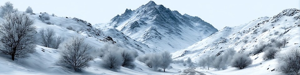 A serene snow covered mountain landscape with mist in the background