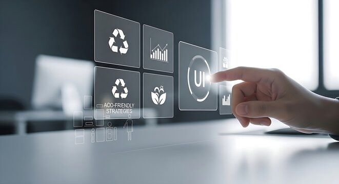 Finger touches UI interface on virtual screen displaying digital transformation and eco friendly strategies for modern technology solutions.