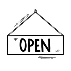 Hand drawn hanging open sign Illustration. Vector Doodle. Isolated on White Background