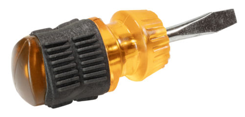 Short flat headed screwdriver with yellow translucent handle