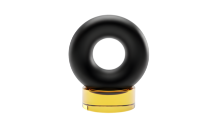 Photo of a sleek black torus rests on a golden base, isolated on transparent background, a minimalist 3d rendering