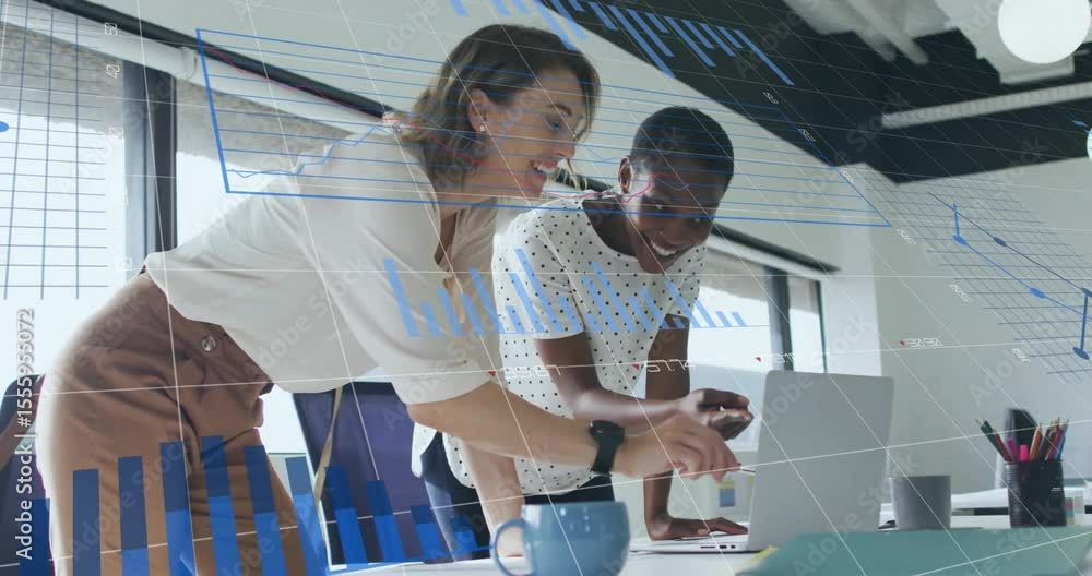 Poster female colleagues pointing at animated charts scrolling through business data, typing insight notes