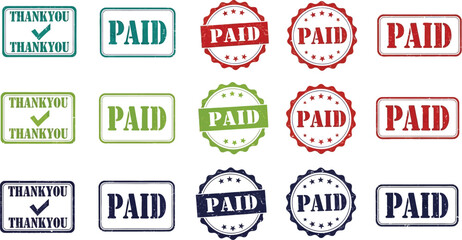Obraz premium Assorted paid and thank you stamps in various colors and designs set