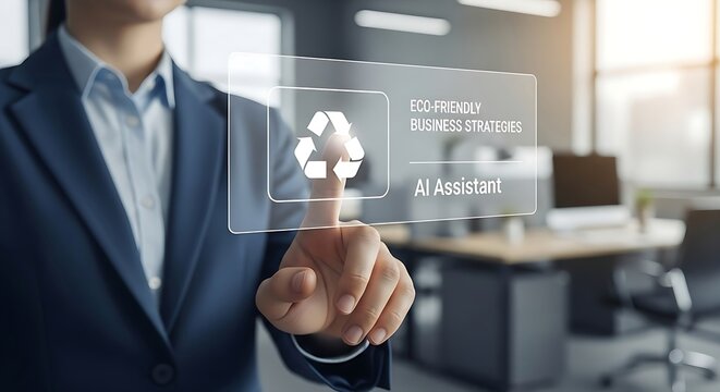 Businesswoman uses AI to navigate eco-friendly strategies with virtual interface in modern office, focusing on sustainability.