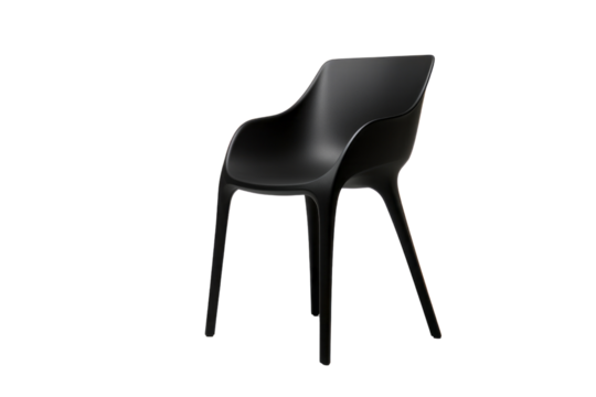 Sleek, black plastic chair with modern design, ergonomic seat, and elegant legs. background removed