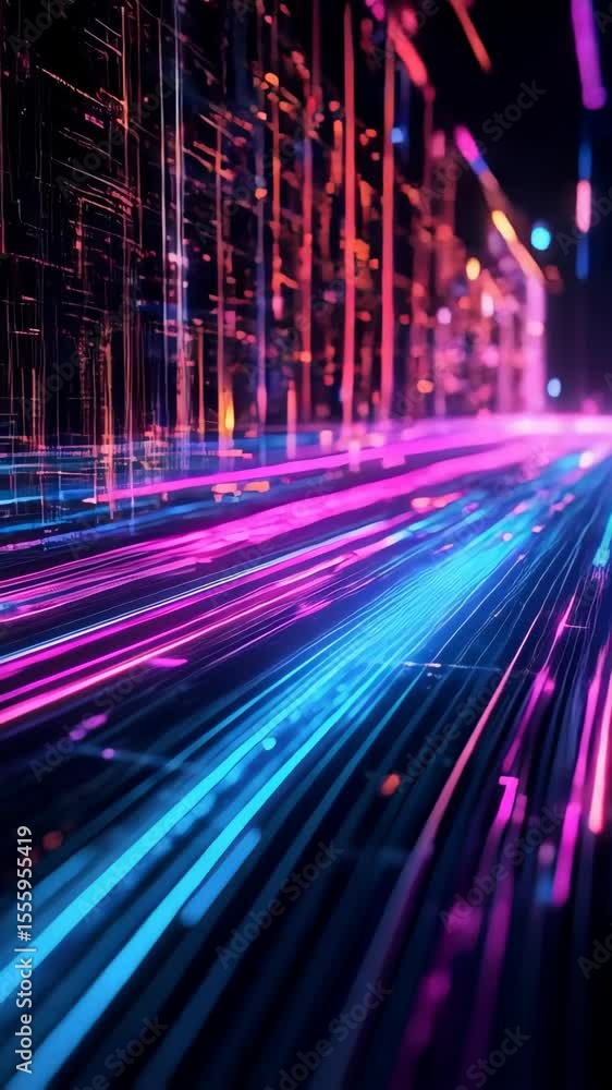 Poster abstract futuristic cityscape with glowing light trails and data streams, depicting digital network 