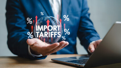 Businessman analyzes import tariffs with rising percentages impacting global economics, using laptop for financial data analysis showing trade and market fluctuations.