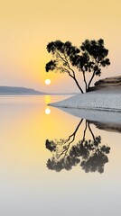 Serene Tree Silhouette Reflected in Calm Water During Golden Hour Sunset
