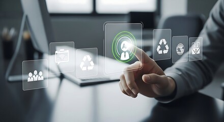 A hand interacting with digital interface icons showcasing business, recycling and global connection concepts.