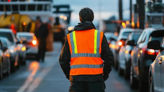  A worker in a reflective orange vest stands on a busy road, supervising traffic flow under dim evening light, ensuring safety and order.