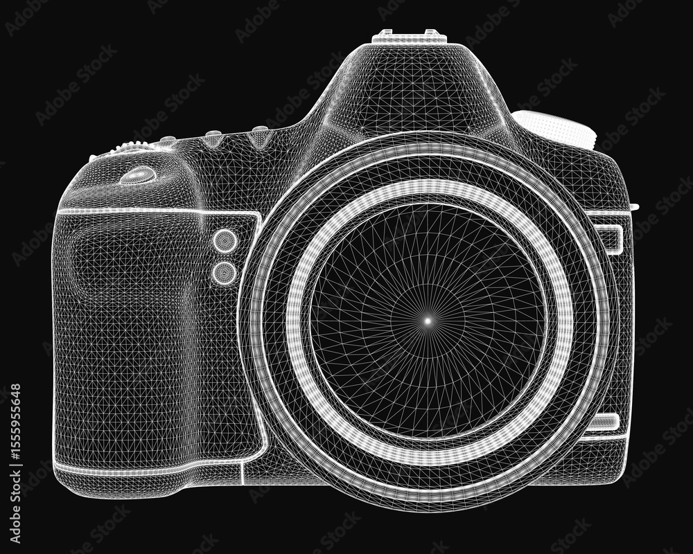 Poster a 3d model of a digital slr camera rendered in wireframe style, showcasing intricate details on a sl