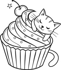 Black cat with pink birthday cupcake and cherry icing vector illustration