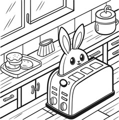 Vector illustration of a kitchen with a cartoon bunny doodle set