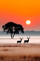 Serene Sunrise Over Misty Meadow With Deer and Lone Tree